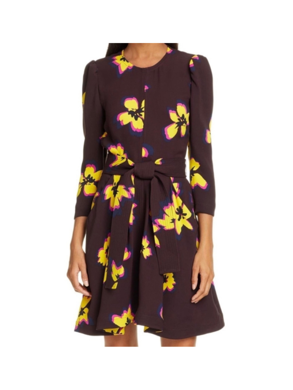 A.L.C. Long Sleeve 100% Silk Floral Dress in Brown and Yellow MSRP $595